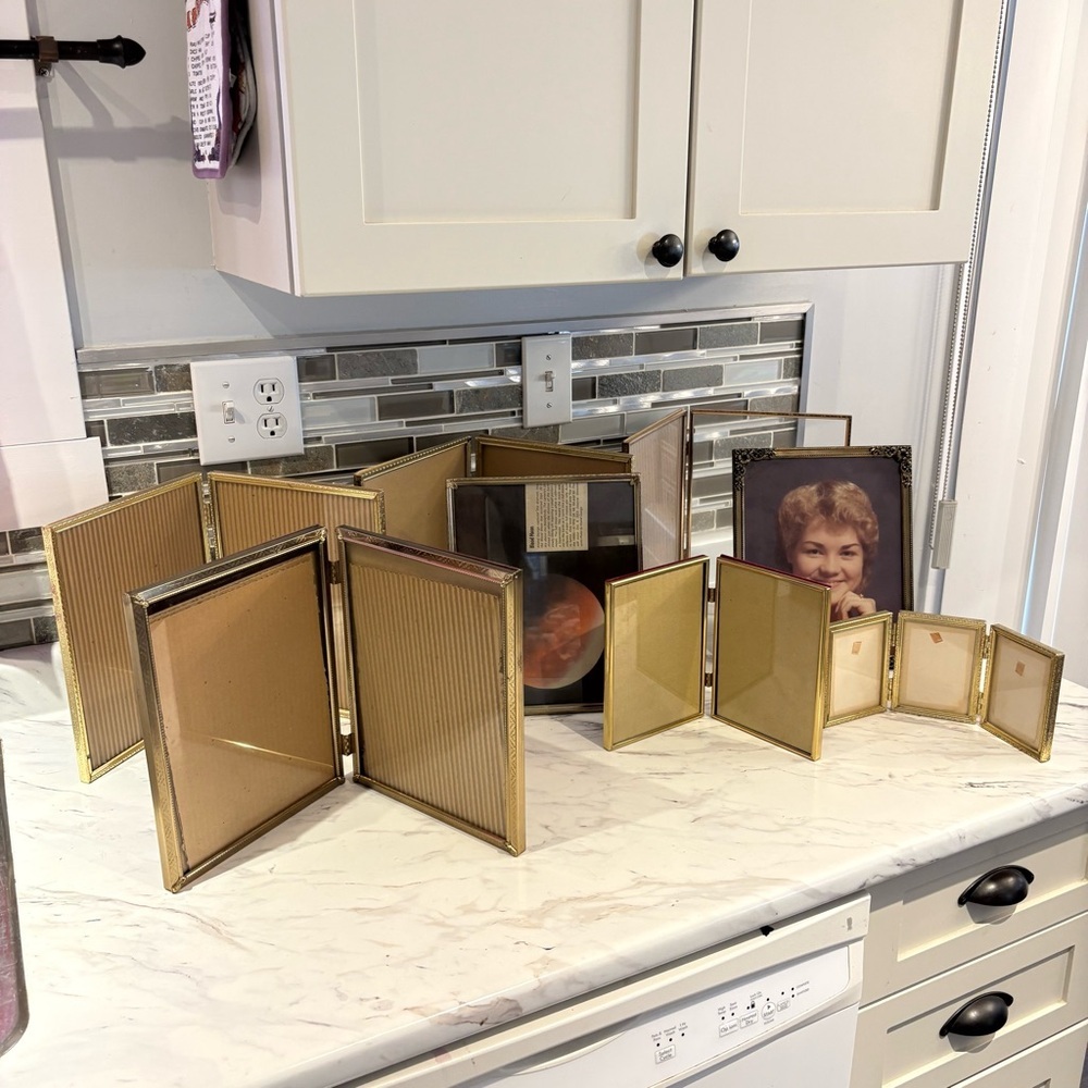 Vintage Brass picture frame lot ornate tri fold ect
